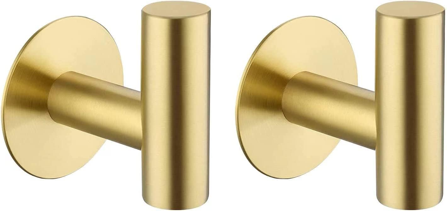 LYNROW 2 Pack Brushed Brass Adhesive Hooks, Stainless Steel Heavy Duty Hangers for Bathroom Hotel