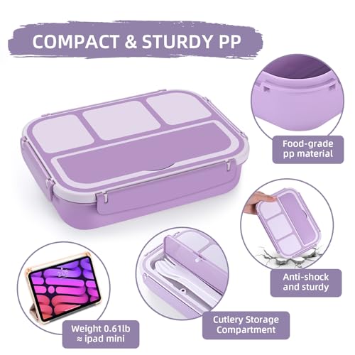 Image of QQKO Bento Box Adult Lunch Box, Lunch Containers for Adults Men Women, Kids Lunch Boxes for School with 4 Compartments, Sauce Container, Utensils and Muffin Cups, Purple