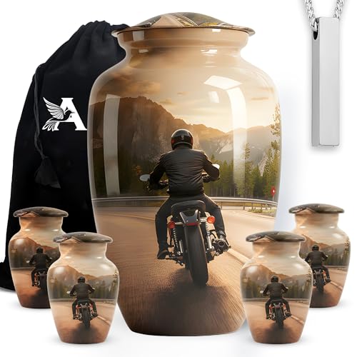 Set of 6 Cremation Urns for Human Ashes Includes 1 Large Urn with 4 Small Keepsakes & 1 Silver Necklace - Motorcycle