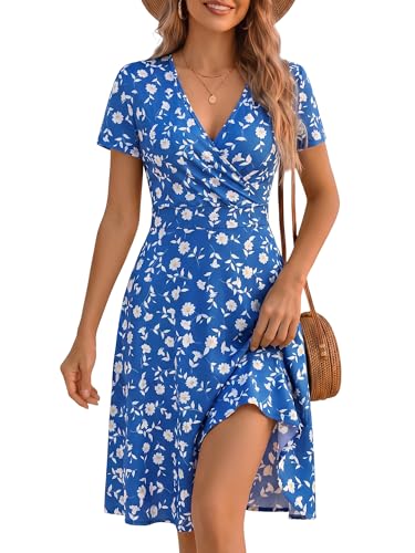 Image of MSBASIC Womens Summer Wrap V Neck Casual Dresses Floral Short Sleeve A-Line Midi Sundress