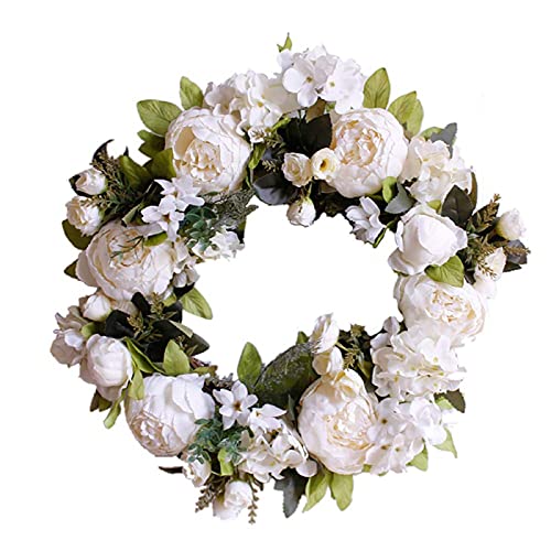 TianBao Couronne de porte éclaircit la décoration de porte avant pour mariage, anniversaire, salon, 40 cm, pivoine blanche laiteuse Cover