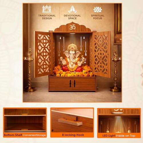 Image of Pack of 1 Wooden MDF Temple Mandir for Home & Shops, Size 51x37x27 Cm1 Piece LED Light & Complete Wall Mount Kit with Door & Cabinet with Storage Space, Assembly Required, Pooja Mandir