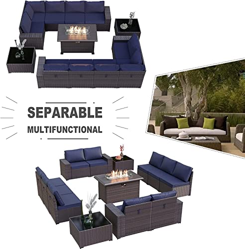 Kullavik 13 Pieces Outdoor Patio Furniture Set With 43" 55000Btu Gas Propane Fire Pit Table Pe Wicker Rattan Sectional Sofa Patio Conversation Sets,Navy Blue #TOP5