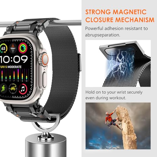 WINGLE Magnetic Mesh Loop for Apple Watch Band Ultra 4/3/2/1 49mm 46mm 45mm 44mm 42mm Men Series 12 11 10 9 8 7 6 5 4 SE 3 2 1, iWatch Mesh Milanese Loop with Rugged Stainless Steel Connector, Black - image 3