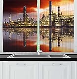 Ambesonne Industrial Kitchen Curtains, Oil Refinery Petrochemical Industry Water Reflection and Dramatic Sky Twilight, Window Drapes 2 Panel Set for Kitchen Cafe Decor, 55' x 39', Multicolor