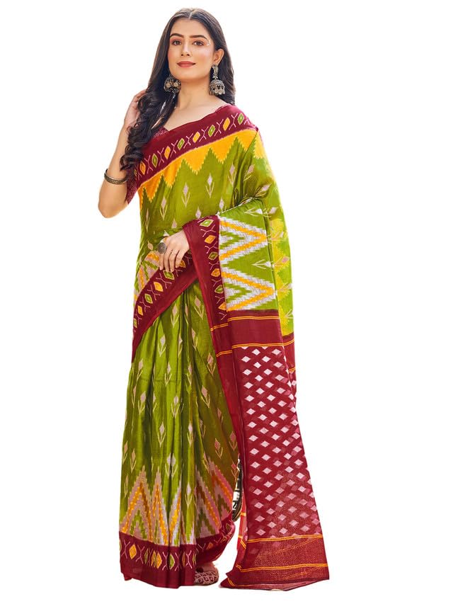 Satrani Women's Cotton Printed Ready To Wear Saree With Unstitched Blouse Piece (3394S305N_Light Olive Green)