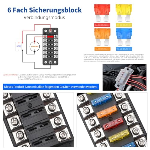 6 Fach Sicherungshalter, 12 Volt Sicherungsblock ATC/ATO KFZ Sicherungskasten 12 Sicherungen Flachsicherungen ohne LED-Anzeige Positiver Negativer für DC 12V/24V Auto LKW Boot VAN SUV Marine Fahrzeug
