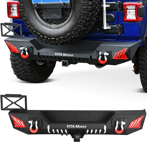 YITAMOTOR Rear Bumper Compatible with 2018-2025 Jeep Wrangler JL & JL Unlimited (2/4 Doors), w/ 2" Hitch Receiver & 2 x D-Rings & License Plate Bracket Black Rear Bumper