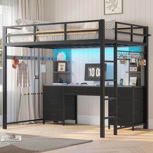 ADORNEVE Full Size Loft Bed Desk and 8 Storage Drawers,