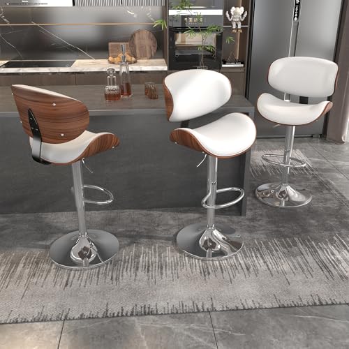 Butacos de Barra YaFiti, Juego de 3 Butacos con Espalda Curvada y Asiento de Cuero Sintético, Giratorios para Isla de Cocina, Bar o Comedor, Color Blanco Marfil miniatura 2