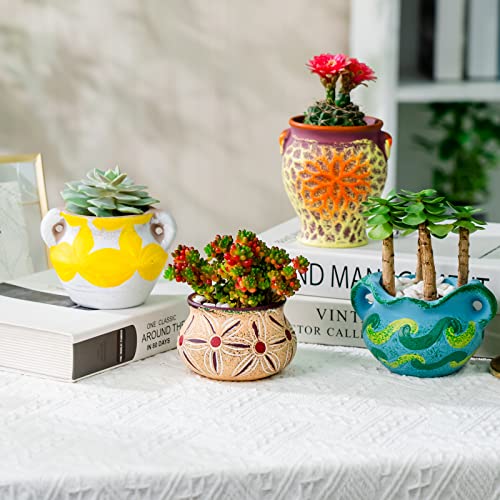 Melphoe 3.16~3.86 Inch Succulent Pots Small Plant Pot Ceramic Mini Flower Pot Succulent Planter With Drainage, Mediterranean Style Clay Pots For Cactus, Indoor Plants, 4Pack #TOP1
