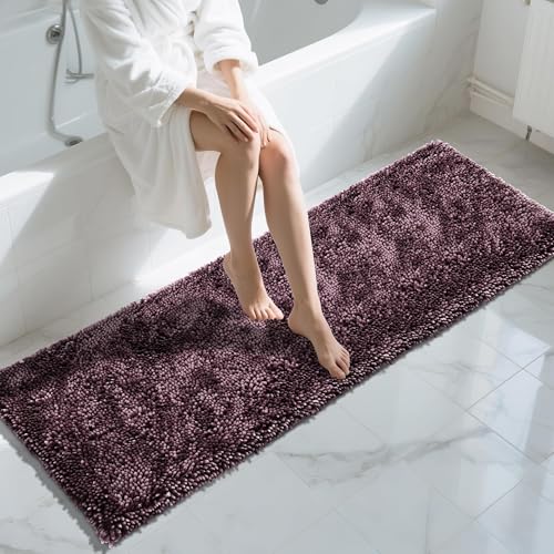 Image of Yimobra Long Bathroom Rugs Runner 70x24 Inch, Extra Thick Soft Absorbent Chenille Bath Mat, Non Slip Machine Washable, Quick Dry Bath Rugs for Bathroom Floor, Tub and Shower, Purple Grey