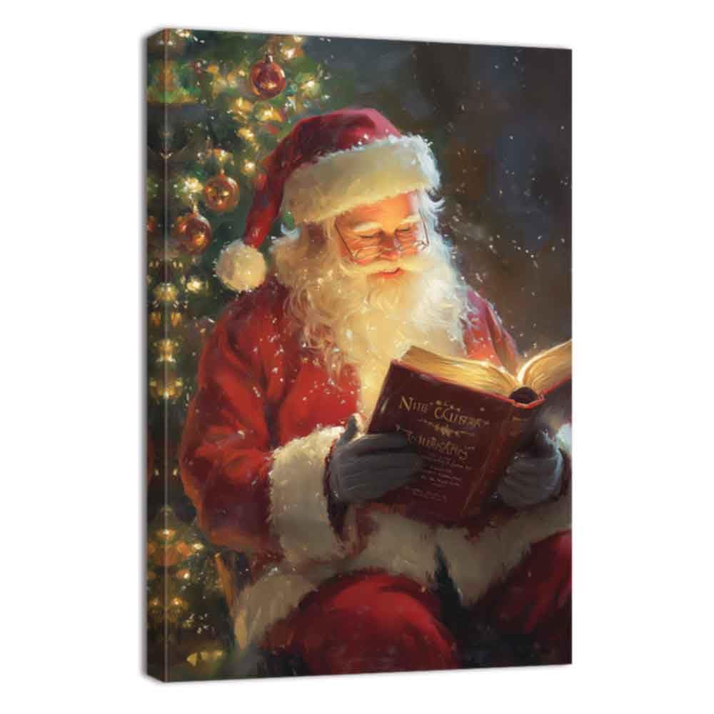 ZQQART Christmas Canvas Wall Art Santa Claus Reading Book Picture Prints Vintage Santa Pictur Winter Festival Poster Artwork Home Decor Framed(Red,12.00" x 18.00")