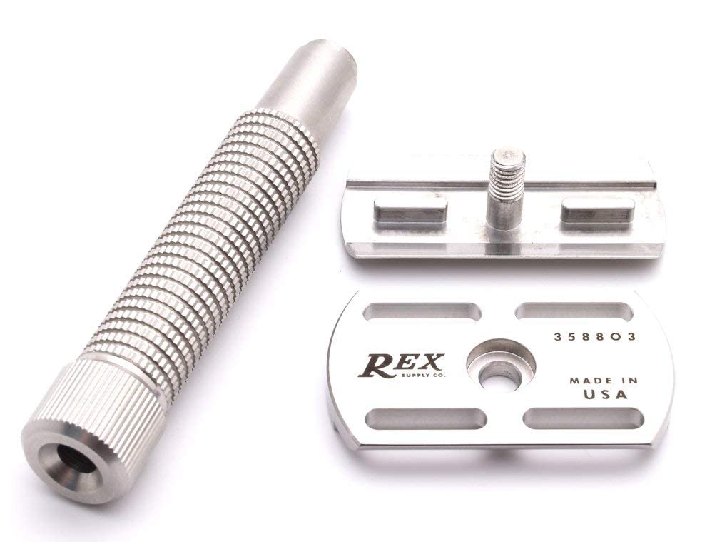 Rex Supply Co., Rex Envoy 3‑Piece Double‑Edge Safety Razor | Marine‑Grade Stainless Steel | Sure‑Grip Knurled Handle, Handcrafted in USA | Includes 5 Blades | Medium Gap Precision Shave