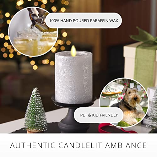 Image of Luminara Realistic Artificial Flame Frosted Silver Metallic Glitter Candle (3 x 4.5-inch) Moving Flame LED Battery Operated Lights - Unscented - Remote Sold Separately