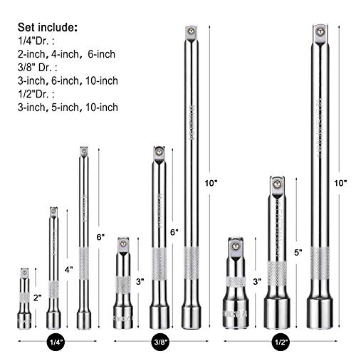 Casoman 9 Pcs Socket Extension Bar Set, 1/4" Dr. 3/8" Dr. 1/2" Dr. Premium Chrome Vanadium Steel With Mirror Chrome Finish #TOP2