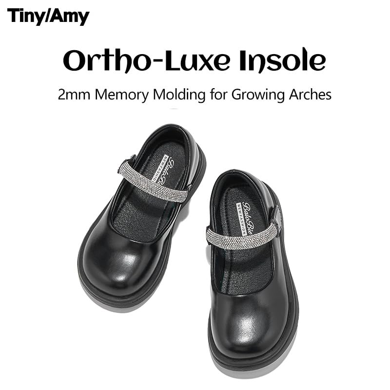 Girls Black Dress Shoes – Little & Big Kid Mary Jane Flats with Rhinestone Strap, Faux Leather Formal Shoes for Weddings, Parties, School Uniforms & Special Occasions3