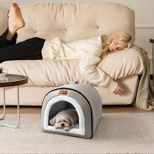 ALLSOPETS Hundehöhle Selbstwärmendes 2-in-1 Faltbares Katzenbett für Katzen und Kleine bis Mittelgroße Hunde, Katzen Iglu Haus Haustierzelt mit Dachhaube und Tragegriffen (Nebelgrau, XL)