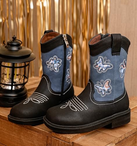 DADAWEN Toddler Girls Cowgirl Boots Mid Calf Square Toe Kids Cowboy Boot Glitter Butterfly Embroidered Side Zipper Western Boots Riding Shoes4