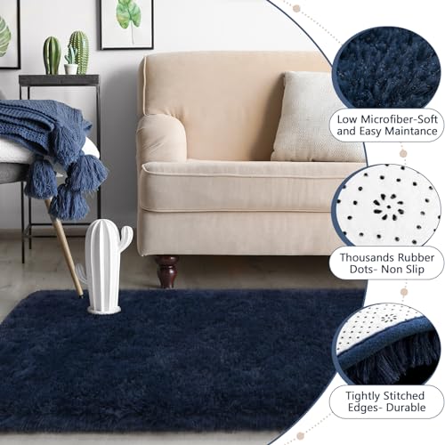 HOMORE 2'x6' Runner Rugs for Bedroom, Navy Blue Ruuner Rug for Hallway Entryway Laundry, Modern Shag Bedroom Runner Cute Carpets for Kids Dorm Bedside