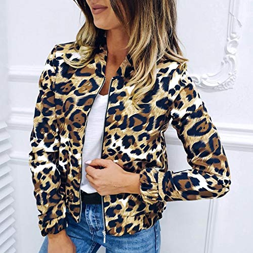 Leeofty Mulheres leopardo Bomber Jacket Longo Baseball mangas Frente Zipper Jacket Primavera Outono