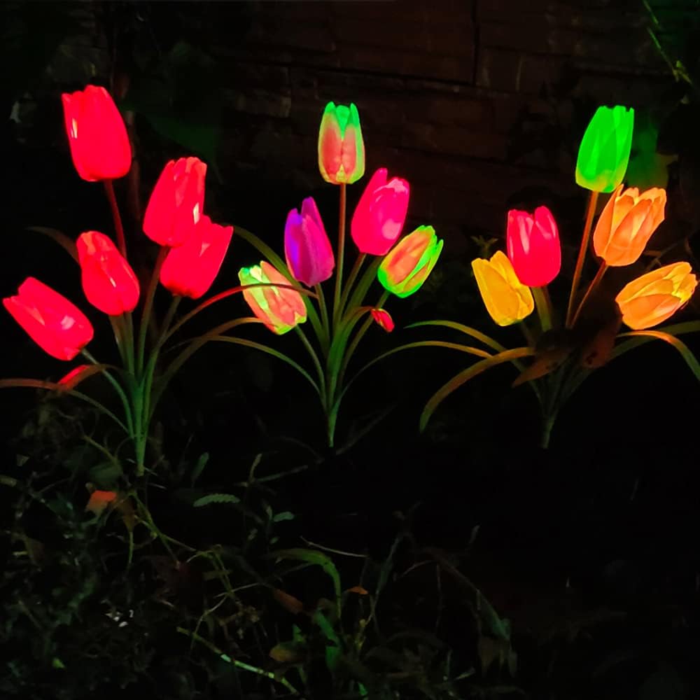 Solar Garden Lights, Outdoor Solar Powered Tulip Flower Lights with 5 Tulip Flowers, Variable Colors Waterproof Solar Decorative LED Lights for Garden, Patio, Backyard (1 Pack Pink)