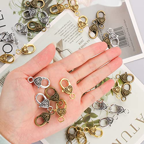 Benbo 30Pcs Heart Lobster Claw Clasps Tibetan Metal Lobster Clasp Antique Heart Shaped Alloy Lobster Clips Hooks With Box For Diy Necklaces Bracelets Keychains Jewelry Making Finding, 3 Colors #TOP3