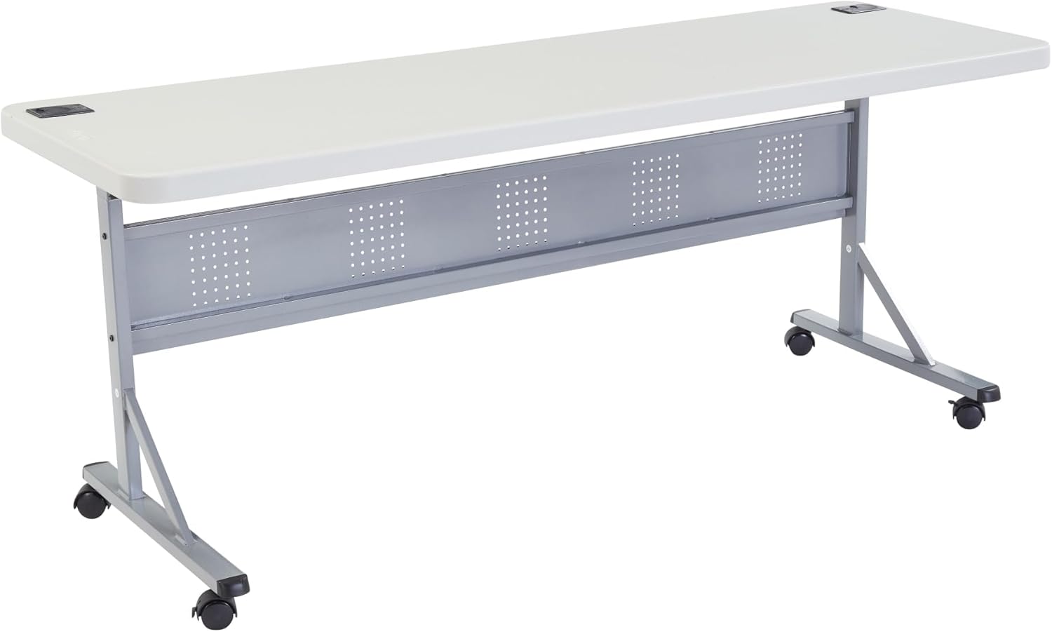 Pemberly Row 24x72 Plastic Flip-N-Store Training Table, Speckled Gray Finish, HDPE Top, Steel Frame, Foldable Design, Cable Management, Rolling Casters, Durable Meeting or Training Room Table