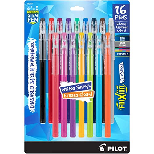 Pilot FriXion ColorSticks Erasable Gel Ink Pens, Fine Point 0.7 mm, Assorted Colors, Pack of 16, Erasable Pens - Ideal for School, Journaling, & Office Writing