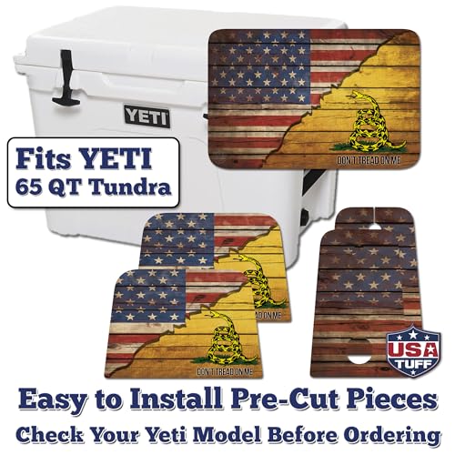 Image of USATuff Vinyl Cooler Lid & Insert Kit Compatible with YETI 65 qt Tundra | Easy Peel & Stick Application Cooler Skin Decal Wrap | Durable Pre-Cut Pieces | for Outdoor Use - Gadsden Don't Tread Split