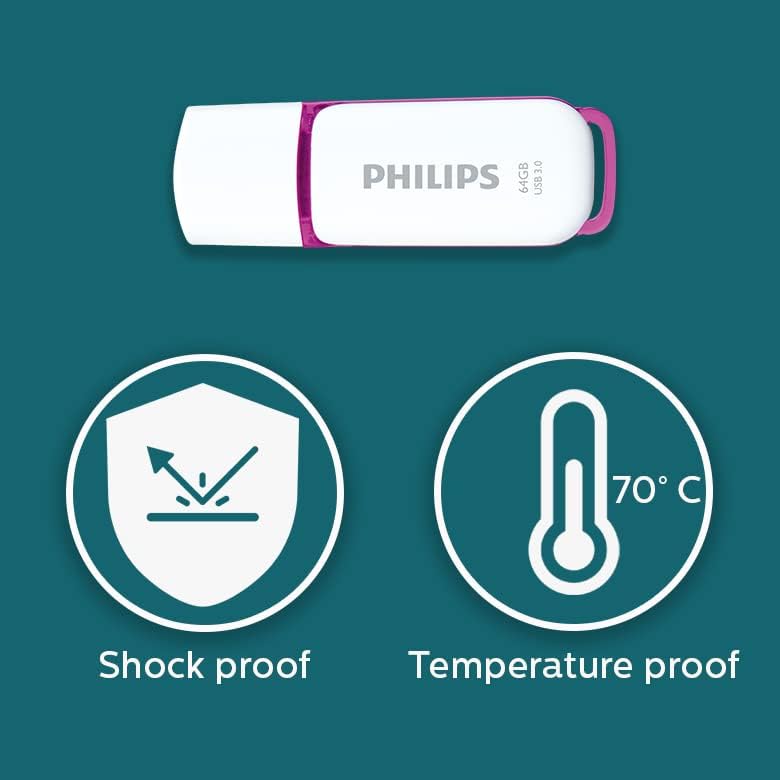 Icons for shock proof and temperature proof features of the Philips USB flash drive