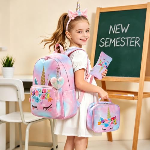 Image of Backpack for Girls, Kids Unicorn School Backpack Set with Lunch Box and Pencil Case, Lightweight Water Resistant Bookbag for Preschool Kindergarten Elementary School, Cute Bag with Love Decoration