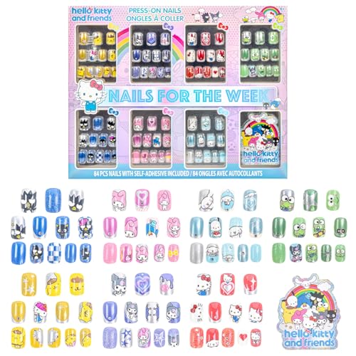 Hello Kitty and Friends 84 Pcs Press On Nails Artificial Fake False Nails Set, Glitter Pre-Adhesive Full Cover Nail Tip Set for Kids, Girls, Tweens Ages 6+ by Townley Girl