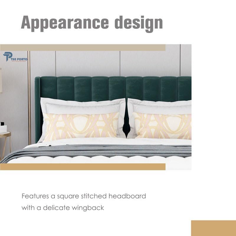 Image of Solid Wood Upholstered Single Bed for Bedroom Without Storage | Premium Fabric with Wingback Headboard | Wooden Single Bed Palang for Home | Stylish Single Cot Bed | 6 x 4 Ft, Dark Green