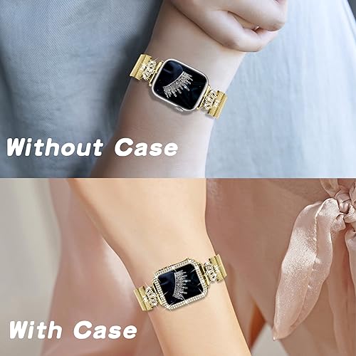 Magnetic Band Compatible with Apple Watch 38mm 40mm 41mm 42mm 44mm 45mm 46mm Stainless Steel Metal Strap with Bling Case and Built-in Screen Protector, Dressy Milanese Loop iWatch Bands for Women