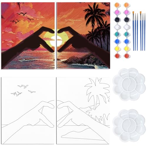 WEBEEDY 2 Pack Canvas Painting Kit Pre Drawn Canvas to Paint with Frame for Adult Couples Nate Night 8x10 inch Sip and Paint Kit Love Heart Sunset Gift for Valentines Day Wedding Christmas Party