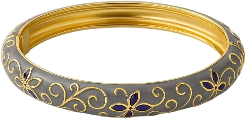 Zarif Mineli Altın Rengi Emaye Bilezik, Çiçek Desenli, Metal Bangle Tasarım, Kadın Takı Aksesuarı Kelepçe (gri) 18cm çap 6cm - Görsel 2