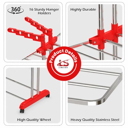 Image of LiMETRO STEEL Premium Clothes Drying Stand Foldable with Wings | Heavy Duty Steel Clothes Stand | Rust Proof Cloth Dryer Stand | Space Saving Clothes Drying Rack for Balcony & Indoor Use