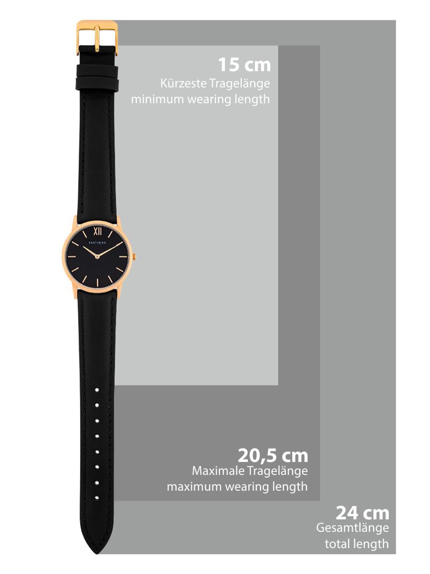 Eastside Damen Uhr Roségold mit Echtleder Armband Schwarz 3 ATM Quarzwerk | analog,Mineralglas,Strichindizes,Schwert-Zeiger,Armbanduhr,Fashionuhr,10080023