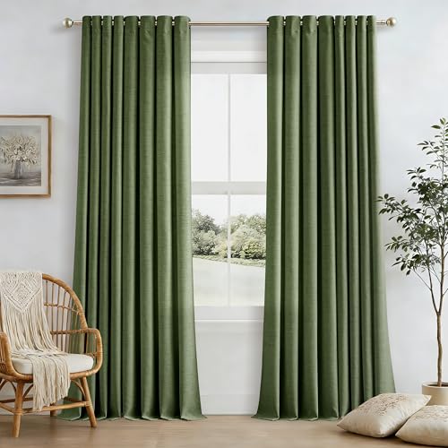Image of 90 Inch Length 2 Panels Olive Green Linen Curtains for Living Room | Semi Sheer, Grommet Drapes, Thick Linen, Privacy, Boho, Farmhouse, Window Curtain for Bedroom, Office, Sliding Door, 52x90