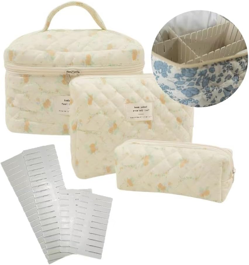 M-UP1【3Pcs】 Cotton Quilted Makeup Bag, Floral Aesthetic Cosmetic Bag Set for Women Gifts, Travel Toiletry Organizer Bag, Cosmetic Pouch,Adjustable Dividers (3PCS/C)