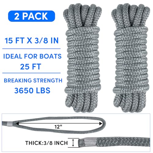 Dock Lines Boat Ropes for Docking 3/8\" x15\' Double Braided Mooring Marine Rope Boat Lines for Docking, Dock Lines for Boats with Loop, Boating Rope Boat Lines, Gray 2 Pack