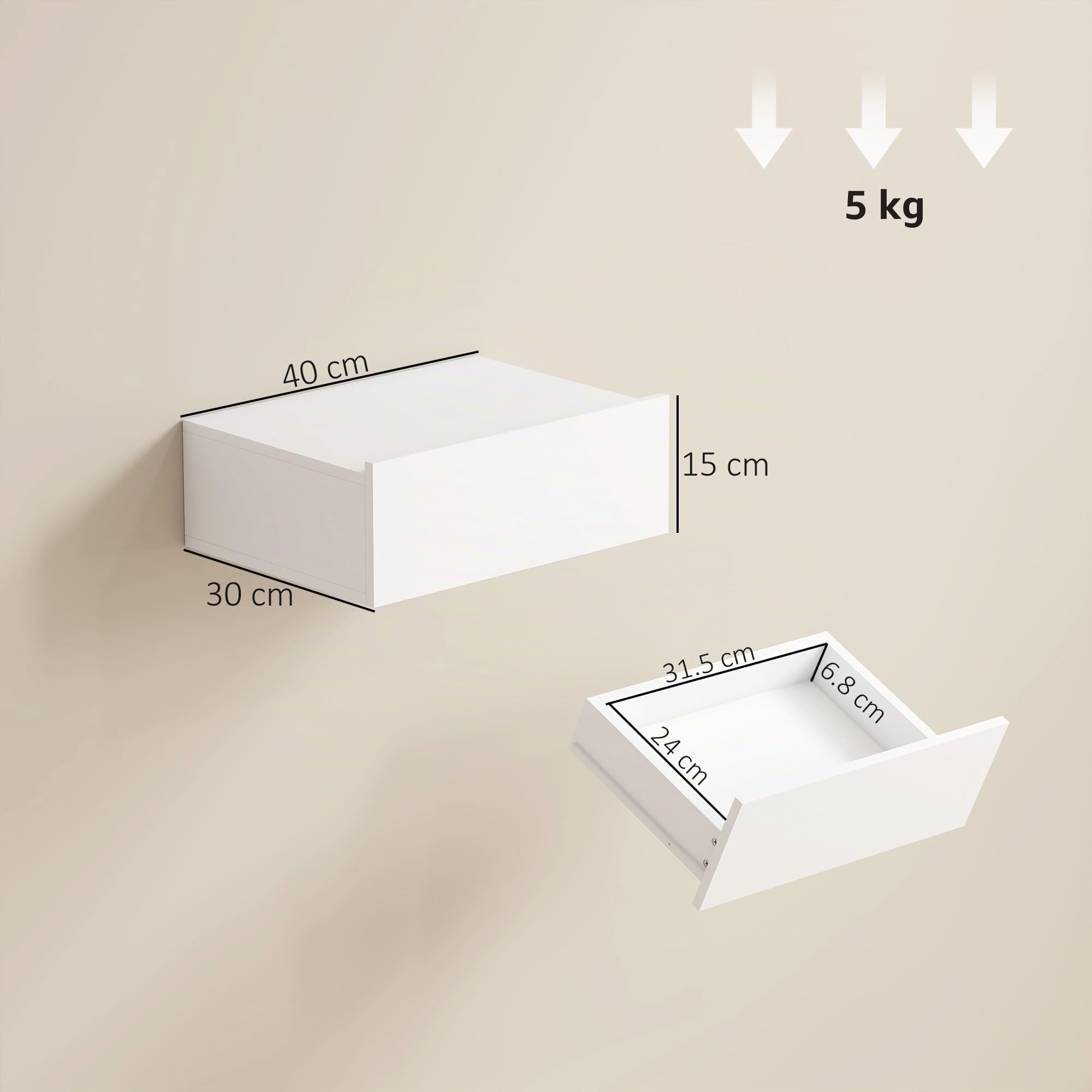 HOMCOM Set de 2 Mesitas de Noche Flotantes con 1 Cajón Diseño Montado en la Pared Estilo Moderno para Dormitorio 40x30x15 cm Blanco
