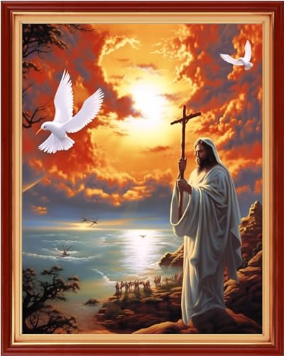 Image of Dimxvean Stamped Cross Stitch Kits,Cross Stitch Kits for Adults Beginners,Embroidery Kits Full Range of Cross Stitch Stamped Kits Needlepoint Kits Cross Stitch Patterns-Sunrise Jesus 16x20 inch