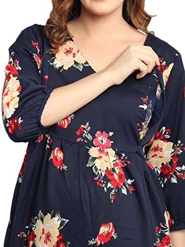 Image of Women's Crepe Maternity Midi Dress /Floral Print Pregnancy Dress /Easy Breast Feeding /Breastfeeding Dress /Western Dress with Zippers for Nursing Pre and Post Pregnancy