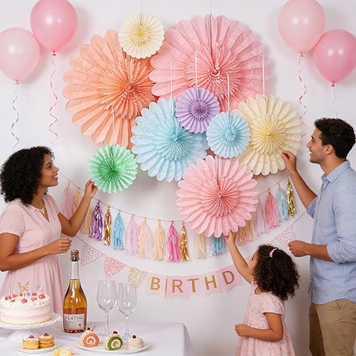 Image of Paper Jazz 9pcs Spring Pastel Paper Fans Party Decoration,Paper Flowers Wall Decoration, Rainbow Birthday Party Decorations Tissue Pom Poms for Birthday Wedding Baby Shower Classroom.