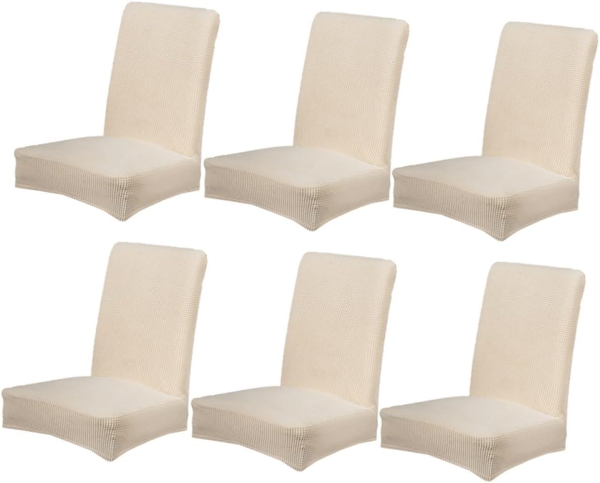 6pcs Beige Stretch Dining Chair Covers Elastic Polyester Seat Protectors Removable Full Slipcovers for Home Office Banquet Chairs Suitable Back Height