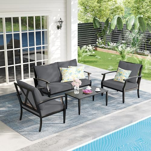 Image of 4-Piece Patio Furniture Set, Wider Outdoor Metal Seating Sofa with High Back & Lovsest, Coffee Table, All Weather Conversation for Backyard, Poolside, Deck-Grey