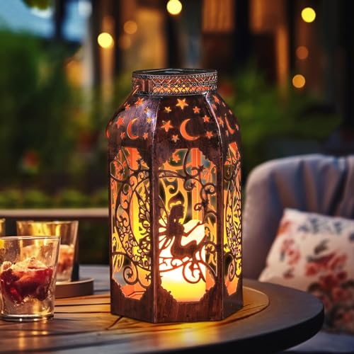 Solar Lanterns, Outdoor Garden Hanging Metal Bronze Star Moon Fairy Lanterns, Set of 1,9.3 Inch Waterproof Flickering Flameless Candle Mission Lights for Patio,Table,Pathway,Balcony,Party Decorative