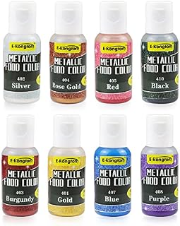 Metallic Food Colour Paint of E-Kongton: 8 Colour Edible Paint Metallic for Airbrush, Cake Decoration, Pastries, Macarons, Cookies, Candy, Chocolate & DIY (0.53oz Each Bottles)